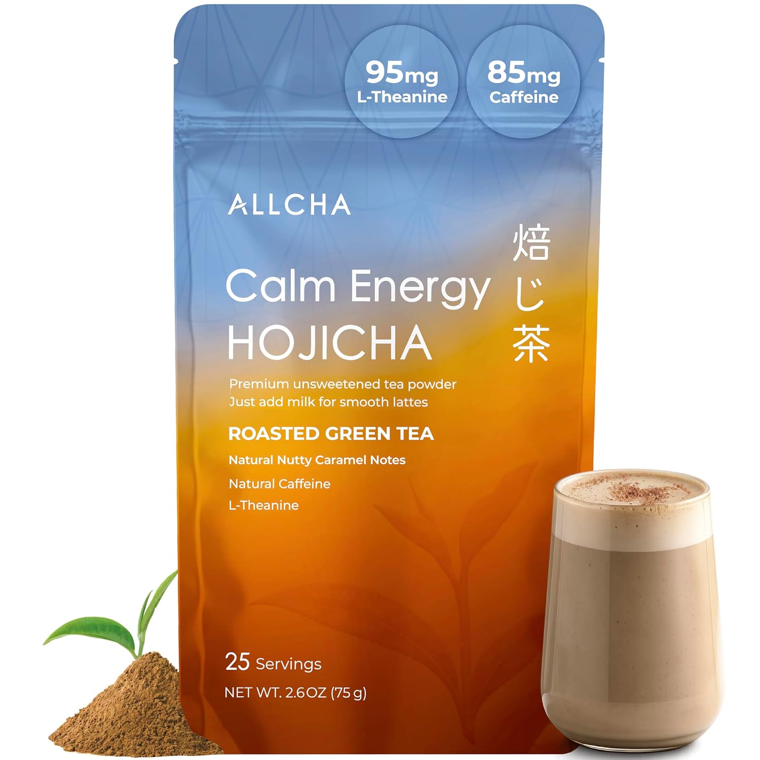 ALLCHA Calm Energy Hojicha with a prepared hojicha latte