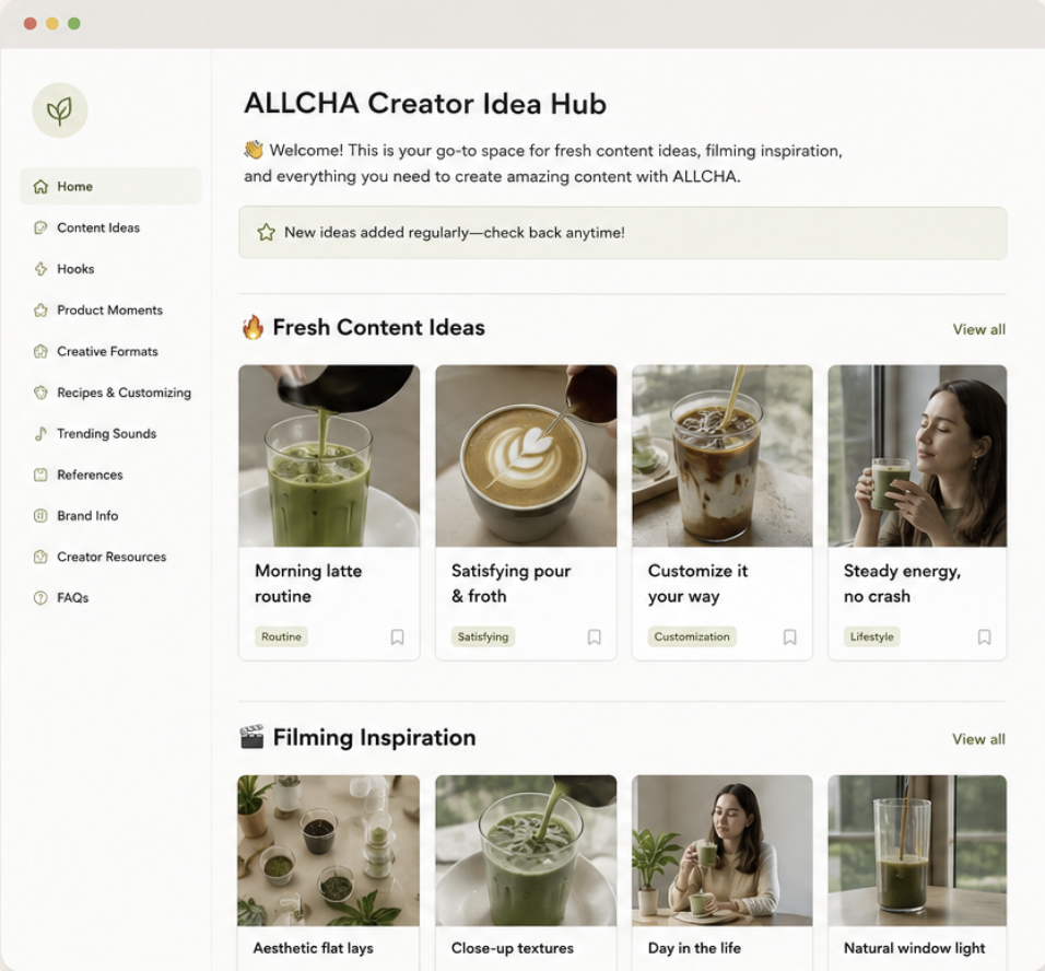Preview of the ALLCHA Creator Idea Hub with content ideas and filming inspiration